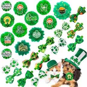 24pcs St.Patrick's Day Dog Bow Ties, Adjustable Green Pet Small Dog Collar Attachment Grooming Bowties, Lucky Clover Dog Bow Ties for Holiday Festival Puppy Dog Collar Accessories