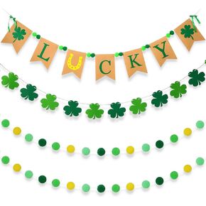 4 Pieces St. Patrick's Day Felt Ball Garland Kit Lucky Felt Banner Felt Flag and Felt Shamrock Banner with Felt Ball Garlands with Shamrock for Saint Patrick's Day Party Supplies