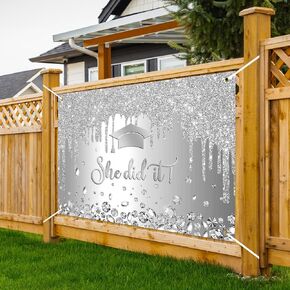 Lofaris Graduation Party Banner - 2.1x1.5M Silver "She Did It" Celebration Background - Non-Shiny Balloon Garland, Graduation Cap Theme, Perfect for Photo Booths, Graduation Decorations for Girls and Students