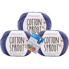 Premier Yarns Cotton Sprout DK, 100% Cotton Yarn, 3-Pack Bundle with Bella's Crafts Stitch Markers (1149-08 Yellow)