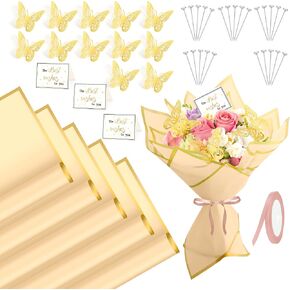 Flower Wrapping Paper Bouquet Wrapping Paper Black 20 Sheets Waterproof Floral Wrapping Paper with Butterfly Pin Greeting Cards Ribbon for DIY Florist Supplies Birthday Wedding Gifts Flower Paper Wrap