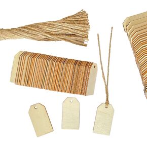 200 Pack 2.2 Inch Wood Tags with Hole and Twine, Clipped Corner Rectangle Wooden Gifts Tag for Crafts Unfinished Labels (1.2x2.2 in)
