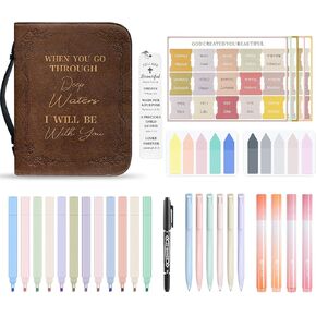 Bible Study Supplies-Includes Bible Case, 16 Bible Highlighters, 6 No Bleed Bible Pens,Bible Bookmark, 75 Laminated Bible Tabs and Bible Sticky Notes. Essential Supplies for Bible Study for Women Men