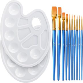 Paint Brush Palette Set, 10Pcs Paint Brushes with 2Pcs Paint Tray Palette for Acrylic Painting, Water Color Paintbrushes for Kids, Easter Egg Painting Brush, Face Paint Brush for Halloween