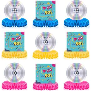 9 Pieces 90s Party Decorations 90's Retro Honeycomb Centerpieces 90's Mix CD Throwback Birthday Party Vintage Hip Hop Table Toppers for Back to 90s Party Themed Party Favors Supplies