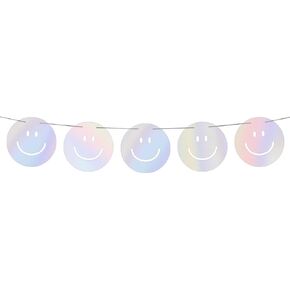 xo, Fetti Smiley Banner - Iridescent, 5 Ft. | Happy Pastel Birthday Party Decorations, Cute Bachelorette Party, Happy Event Decor