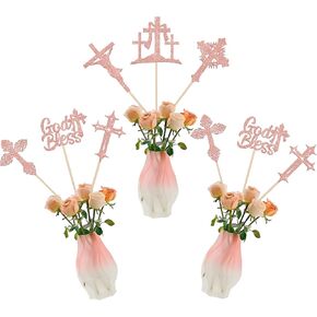 12 PCS God Bless and Baptism Centerpiece Sticks Cross God Bless Table Flower Centerpieces Sticks God Bless Floral Decorations for Christian First Communion Baptism Party Centerpieces Supplies Gold