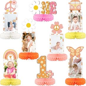 9pcs Groovy 1st عيد ميلاد ديكورات قرص العسل المركزية للطفل الفتيات Boho رائع واحد