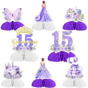 JOYMEMO 8 Pieces Quinceanera Honeycomb Centerpieces Purple - 15th Birthday Decorations Girl, Floral Butterfly Quinceanera Table Toppers Mis Quince Anos 15 Year Old Party Supplies