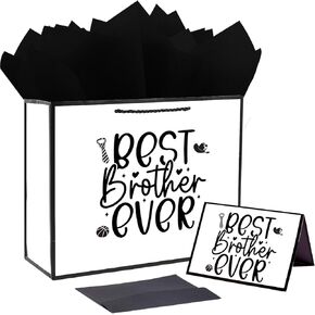 JWSCYSY 12.6" White and Metallic Black Gift Bag with Card and Tissue Paper, Gift ideas for Brother or Friend Birthday (Best Brother)