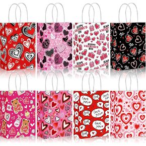 VGOODALL 32PCS Valentines Day Gift Bags, Heart Shaped Treat Bag Kraft Paper Bags with Handle Paper Bag for Birthday Wedding Valentine's Party Favors