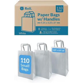 Reli. 110 Pack | 5.25"x3.25"x8" | Small White Gift Bags w/Handles | Kraft Paper Shopping, White Paper Bag for Gifts, Retail, Merchandise, Party Favors