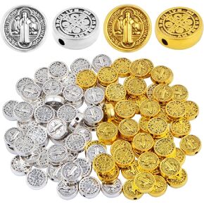 JMKTOOL 100pcs 9.5 mm Round Double-Sided Jesus Cross Spacer Beads Catholic Saint Benedict Beads Religious Loose Beads for DIY Rosary Bracelet Necklace Jewelry Making, 2 Colors
