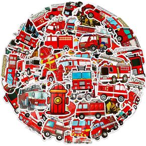 Glenmal 100 Pcs Firetruck Stickers for Kids Firefighter Stickers Cute Fire Truck Birthday Party Favors Supplies Waterproof Vinyl Truck Police Construction Paper Decals Water Bottles Decorations