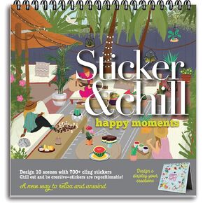 Sticker & Chill Sticker Book for Adults – 700+ Repositionable Colorful Stickers Create Designs on 10 Spiral Bound Scene Pages – Easy, Fun & Stress Relieving Relaxation Activity – Happy Moments Series