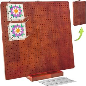 15.5" Foldable Crochet Blocking Board with 35 Pegs/Pins - Upgrade Large Blocking Boards for Crochet Projects, Granny Square Knitting & Crochet Supplies Gifts for Crocheters (Brown)