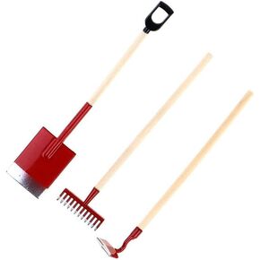 3 Pcs Red Miniature Garden Tools 1:12 Mini Shovels and Rake Farm Tools Fairy Garden Dollhouse Accessories Furniture Toy Sets