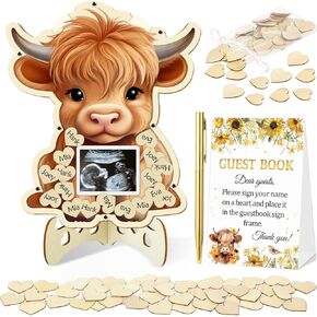 65 Pcs Highland Cow Baby Shower Decorations Guest Book, Baby Shower Guest Book Alternatives with Photo Frame, 60 Wood Slices Cow Baby Shower Guest Book for Boys Grils Baby Shower