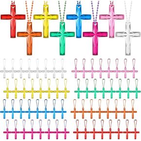 48 Set Crystal Cross Charms Mini Plastic Cross Keychains Pendant with Bead Christian Gift Bulk Religious Party Favors for Church Bible Christmas Easter Vacation, 8 Assorted Colors