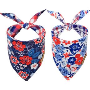 CROWNED BEAUTY 4th of July Patriotic Dog Bandanas Reversible Large 2 Pack, Floral Set, Adjustable Triangle Holiday Scarves for Medium Large Extra Large Dogs Blue White DB53-L
