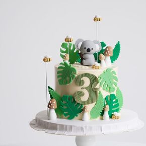 Koala themed birthday cake decoration, party supplies, cake topper, including: 1 koala, 6 mushrooms, 5 bees, 12 leaves