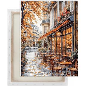 Lxmsja Street Cafe Paint by Numbers Kit للبالغين ، مشهد السقوط الطلاء الأكريليكي بأرقام للبالغين المبتدئين ، وتوازم DIY Craft Corpies لديكور الجدار المنزلي 12x16 بوصة (مؤطرة)