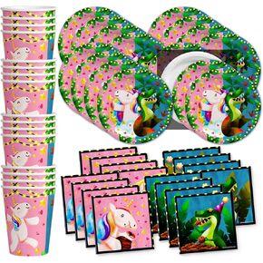 Unicorns & Dinos Joint Birthday Party Supplies Set Plates Napkins Cups Tableware Kit for 16