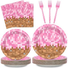 96Pcs Pixel Girl Birthday Plates and Napkins Mining Pixel Party Decorations Video Game Paper Tableware Set Pink Pixel Themed Party Disposable Dinnerware kit for Baby Shower Party Supplies Serve 24