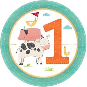 Amscan Barnyard 1st Birthday Round Plates, 7" (8-Pack) - Vibrant & Durable Party Plates, Perfect for Kids' Farm-Themed Celebrations
