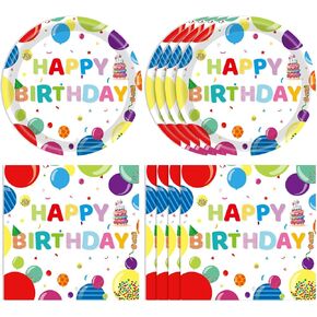Happy Birthday Decorations Birthday Party Supplies Set with Birthday Balloon Confetti Design Includes Birthday Plates and Napkins Disposable Paper Tableware Set for Boys/Girls Birthday Party Supplies
