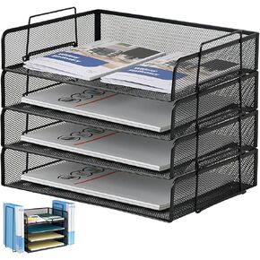 Stackable Paper Letter Tray Organizer, 4 Tier Desk Organizers and Accessories, Mesh File Folder Organizer for Desk with File Holder for Office Supplies (Black)