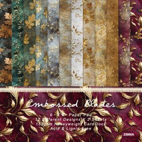LZBRDY 24 Sheet 6"X6" Decorative Craft Paper Sheet Pads, Embossed Blades Golden Leaves Patterns, 160GSM Junk Journal Single-Sided Scrapbook Paper Kit