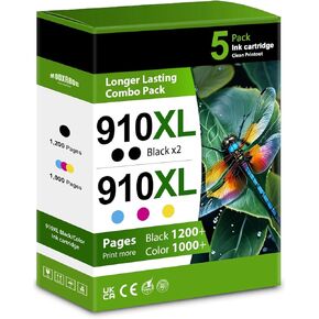 910XL 910 XL Ink Cartridges Combo Pack (5-Pack, 2Black/1Cyan/1Magenta/1Yellow) Replacement for 910XL Black and Color Ink Cartridges OfficeJet 8010 8015 8022 Pro 8020 8025 8028 8030 8035 Printer