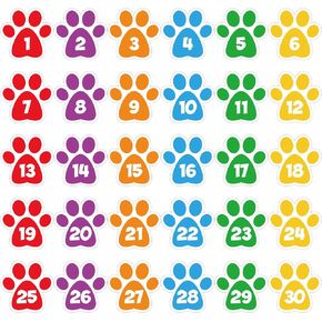 Outus 30 Pcs 6 Inch Paw Prints Floor Stickers for Classroom Number Spot Markers Stickers Dog Paw Line up Spots Dots Colorful Carpet Markers for Preschool Kindergarten Elementary Teacher (Bright Color)