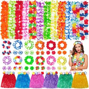 Hawaiian Leis Luau Party Decorations Set, 54Pcs Hawaiian Luau Party Supplies Flower Leis Necklaces Headbands Wristbands Grass Hula Skirt Lays Tropical Summer Beach Birthday Holiday Party Favors