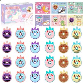 30 PCS Valentines Cards for Kids School with Donut Erasers, Kids Valentine Party Favor, Valentine's Day Classroom Prizes, Ideal Valentine Exchange Gift
