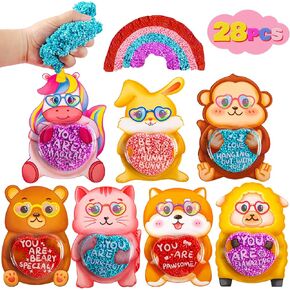 28 Packs Valentines Day Gift Cards Filled with Colorful Foam Squishy Slime for School Classroom Valentine’s Exchange Greeting Cards