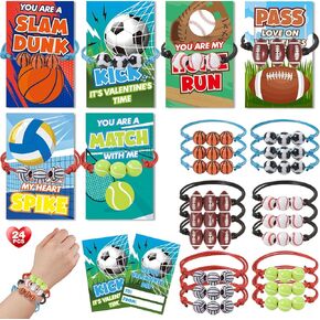Valentines Day Cards for Kids, 24 Pack Adjustable Sports Charm Bracelets with Valentines Day Cards for Valentine School Party Favors for Kids Boys Girls, Kids Exchange Valentines Day Gifts