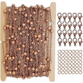 THREENEST 32-Feet Copper Satellite Chains with Beads for Jewelry Making Set, with 20 Lobster Clasps+50 Jump Rings, Cable Link Craft Chain Findings for Necklace Bracelet DIY (Copper_2075-B)