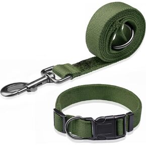 Olive Green Dog Collar and Leash Set for Medium Dogs,90% Rayon Derived from Bamboo, 10% Polyester Adjustable Dog Leash Collar Set, Medium Dog Collar 4 Ft Dog Leash