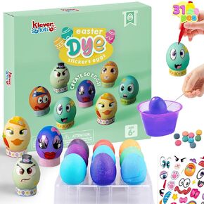 Klever 31PCS Easter Egg Decorating DIY Kit with Dye Tablets and Gem Stickers, Coloring Dyeing Set for Kids Easter Theme Party, Egg Hunt Creativity Activity