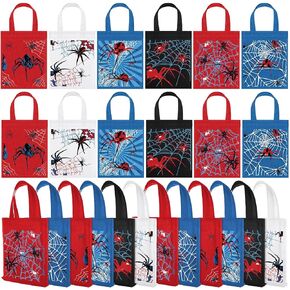 Kacctyen 24 24 Pack Spider Party Favor Gift Bags Non Woven Reusable Goody Treat Bags with Handles Spider Themed Birthday Party Supplies for Kids Boys, 6 Styles