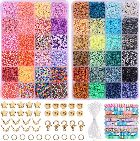 QUEFE 4800pcs Clay Beads for Bracelet Making Kit 48 Colors Flat Round Polymer Spacer Heishi Beads for Jewelry Making Kit in Saudi Arabia