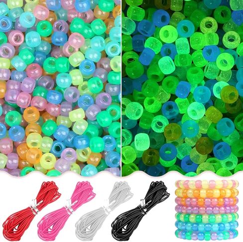 1200pcs Glow in The Dark Pony Beads UV Beads Hair Beads for Braiding Kandi Friendship Bracelet Beads DIY Craft Supplies Plastic Beads and Decorations with Four Colors Elastic Cord in Saudi Arabia