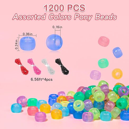 1200pcs Glow in The Dark Pony Beads UV Beads Hair Beads for Braiding Kandi Friendship Bracelet Beads DIY Craft Supplies Plastic Beads and Decorations with Four Colors Elastic Cord in Saudi Arabia