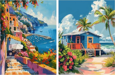 Amalfi Coast Paint by Number, Acrylic Paint by Number Canvas Italy, Paint by Number for Adults Amalfi Coast, Beach House Landscape DIY Oil Painting for Home Wall Decor(12x16 Inch, 2 Pack, No Frame) in Kuwait