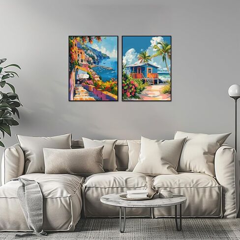Amalfi Coast Paint by Number, Acrylic Paint by Number Canvas Italy, Paint by Number for Adults Amalfi Coast, Beach House Landscape DIY Oil Painting for Home Wall Decor(12x16 Inch, 2 Pack, No Frame) in Kuwait