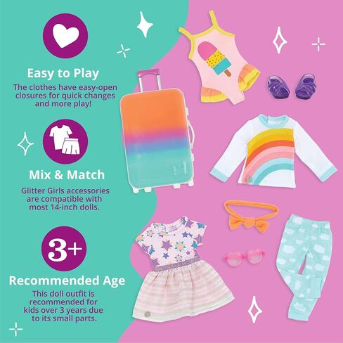 Glitter Girls – Suitcase & Fashion Set – Luggage with 3 Mix & Match Outfits & Heart Glasses – Rainbow Pajama, Swimsuit, Star-Print Dress – 14-inch Doll Clothes & Accessories for Kids Ages 3 and Up in Saudi Arabia