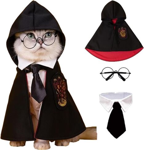 Aniac 3pcs Halloween Dog Costume Cat Wizard Cape Glasses and Necktie Stet Halloween Puppy Outfit Pet Magician Cosplay Apparel for Hitten Cat Small Dog (Medium ، Black) in Kuwait
