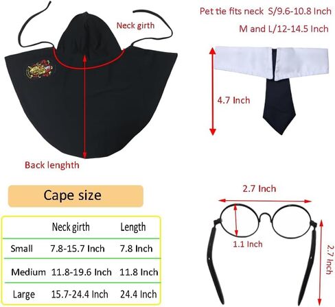 Aniac 3pcs Halloween Dog Costume Cat Wizard Cape Glasses and Necktie Stet Halloween Puppy Outfit Pet Magician Cosplay Apparel for Hitten Cat Small Dog (Medium ، Black) in Kuwait